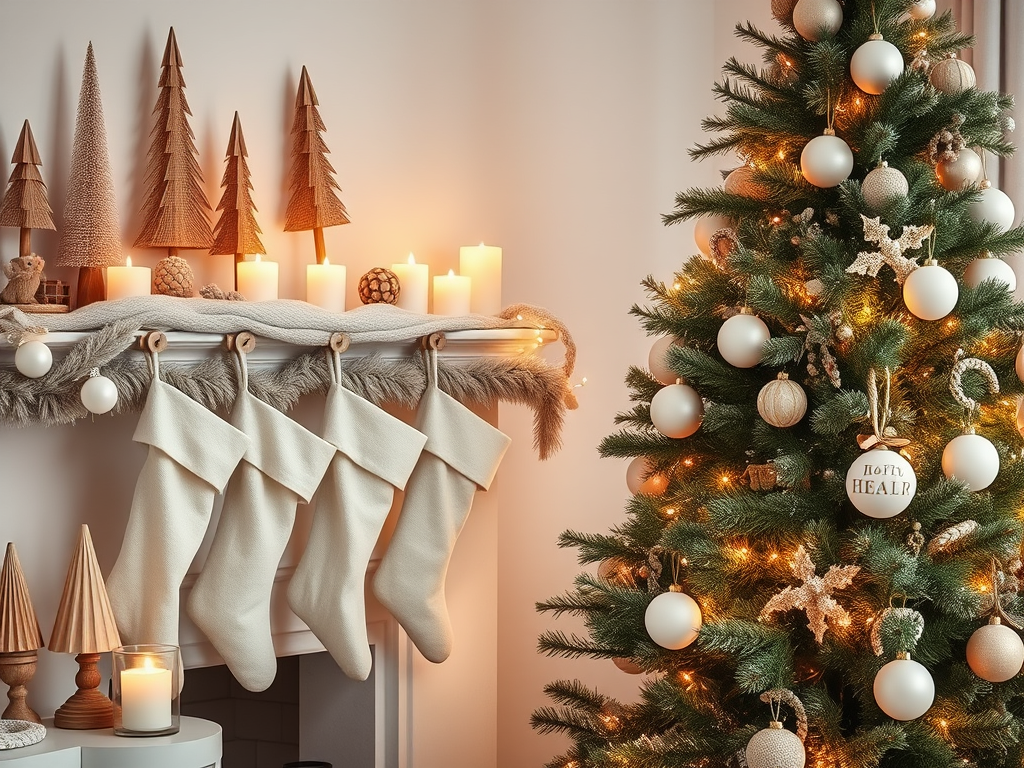 neutral Christmas decor idea with wooden trees
